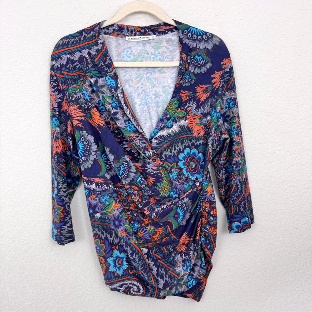 Peruvian Connection Womens Surplice Top Size L Floral Pima Cotton Stretch Purple